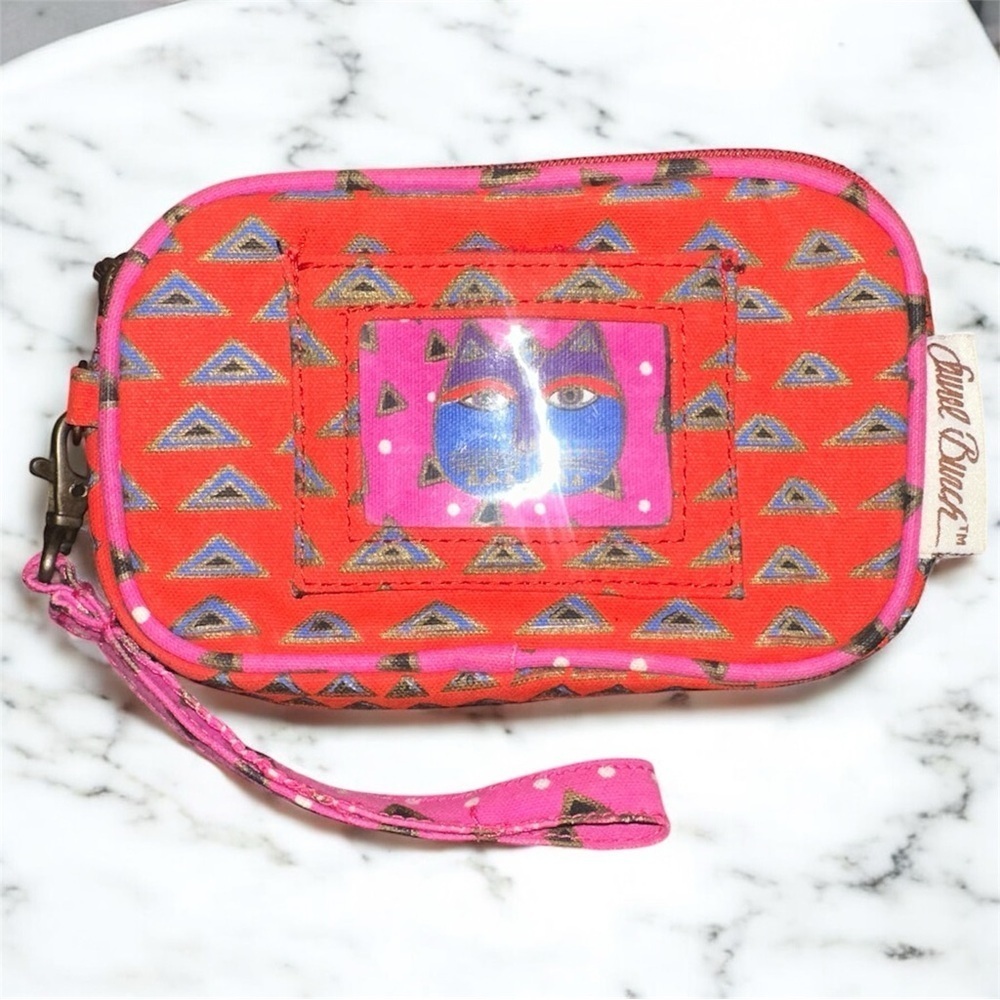 Laurel Burch Red Magenta Cat Zipper Wristlet Clear ID Pocket 100% Cotton